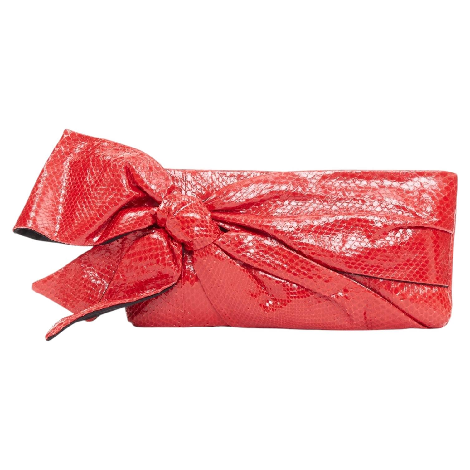 VALENTINO red glossy scaled leather oversized bow top zip evening clutch bag