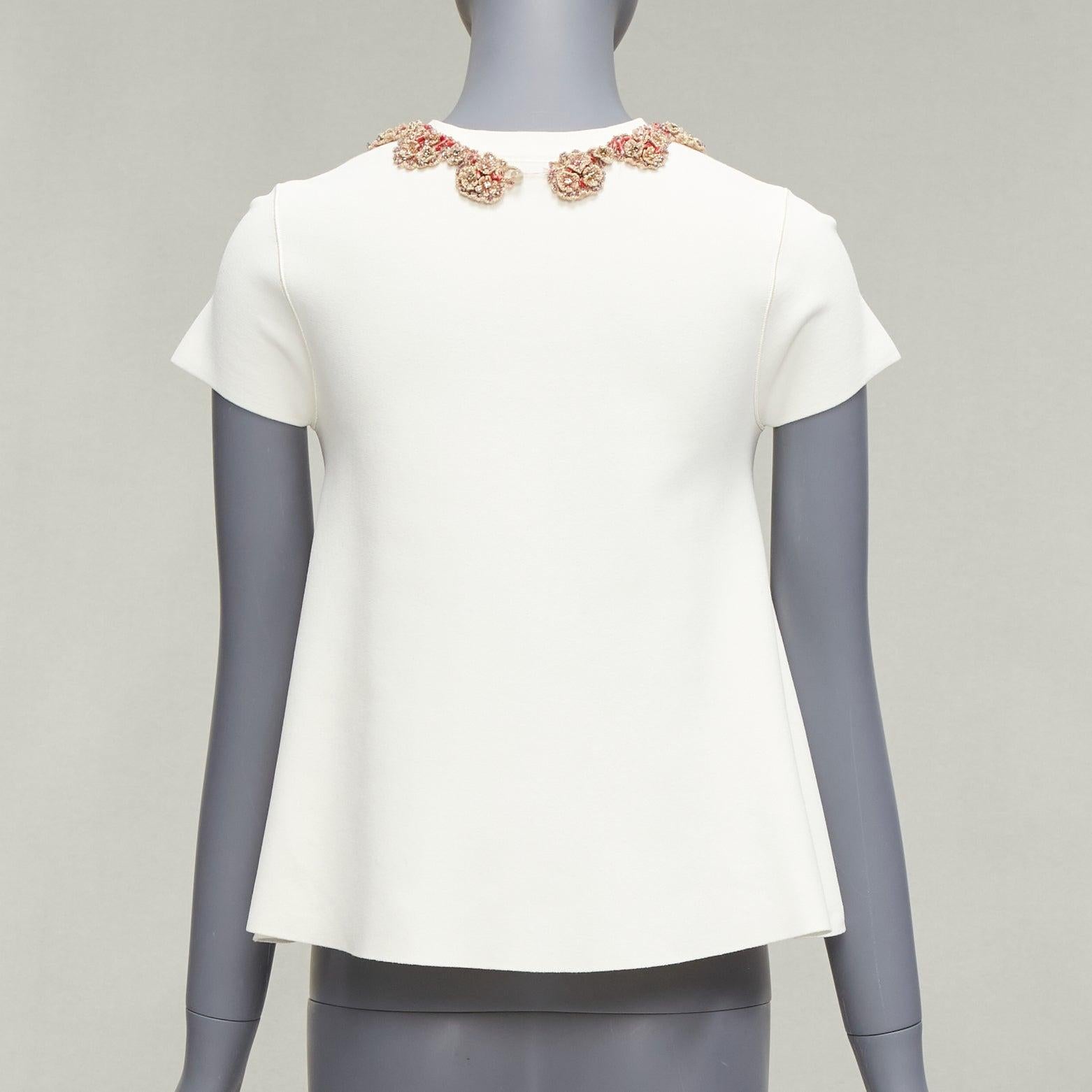 VALENTINO red gold floral applique collar cream knit Aline flare top S For Sale 2