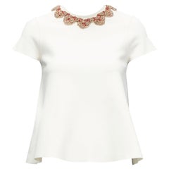 VALENTINO red gold floral applique collar cream knit Aline flare top S