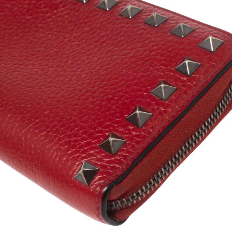 VALENTINO Rockstud Leather Zip Around Wallet Red