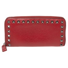 Valentino Red Grained Leather Rockstud Zip Around Wallet