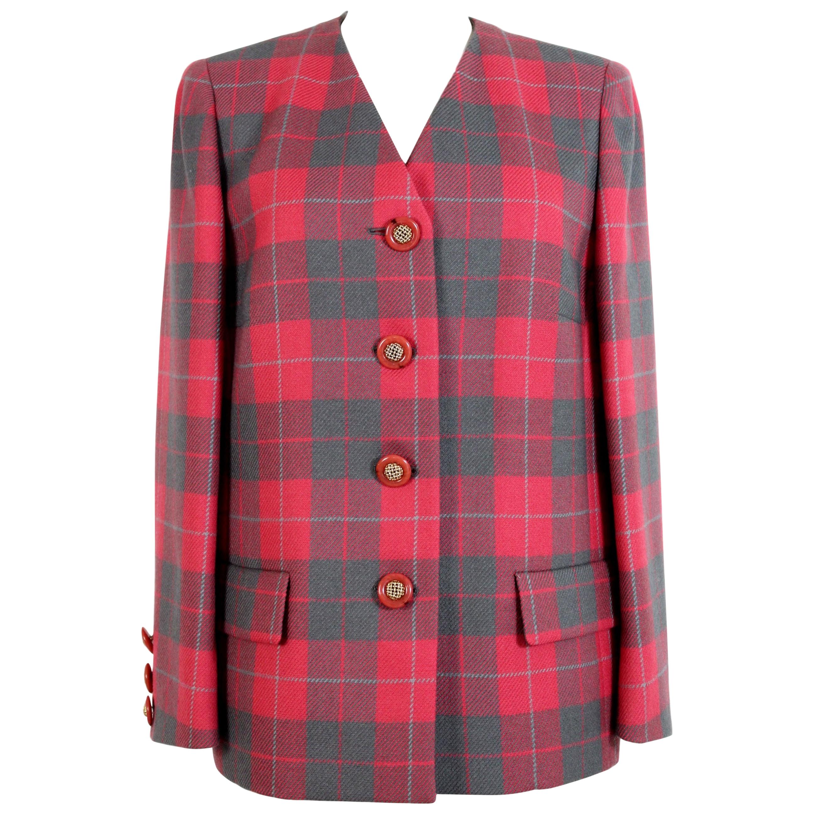 Valentino Red Green Wool Check Oversize Evening Jacket