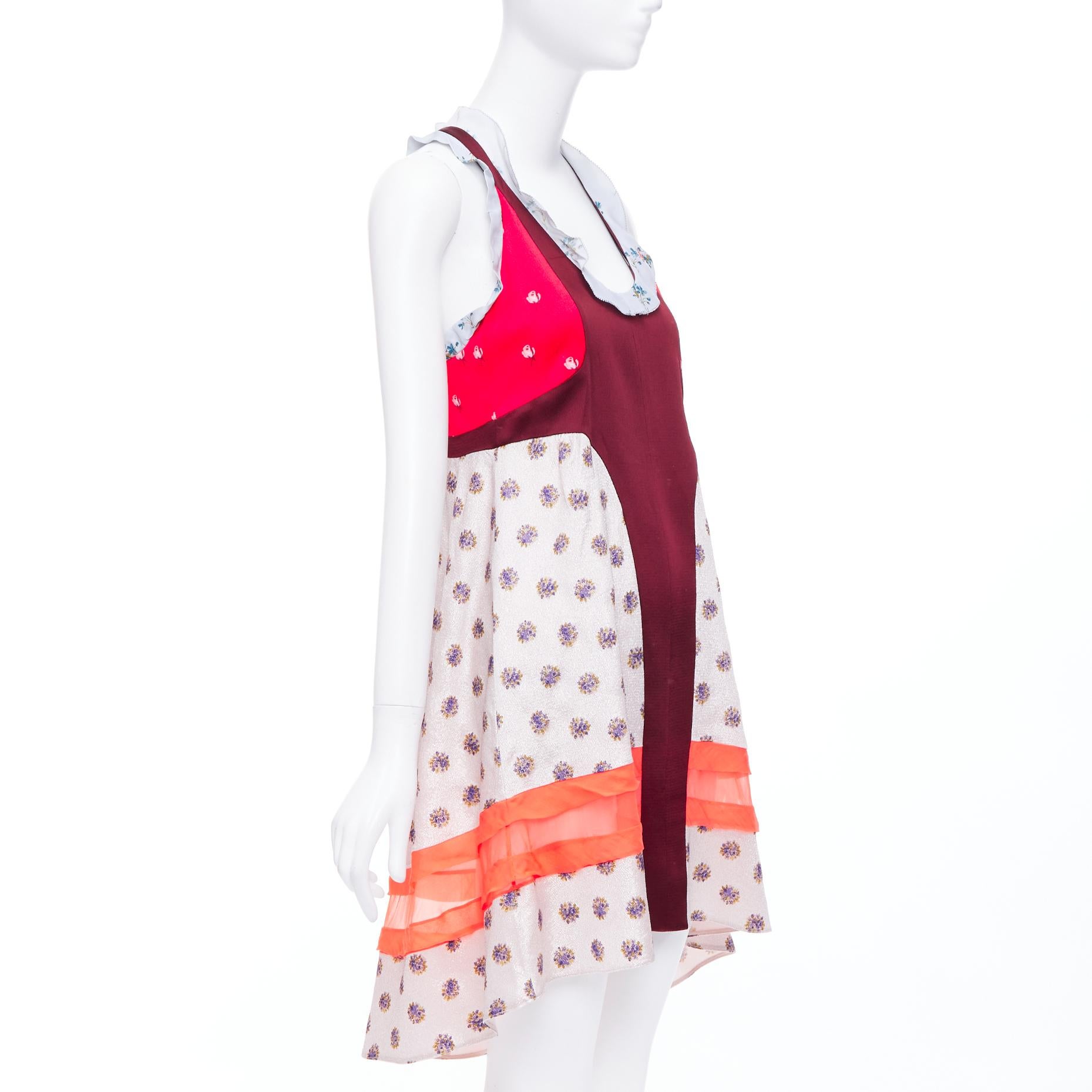 VALENTINO rojo gris acetato seda estampado floral bloque volante vestido IT40 S Gris en venta