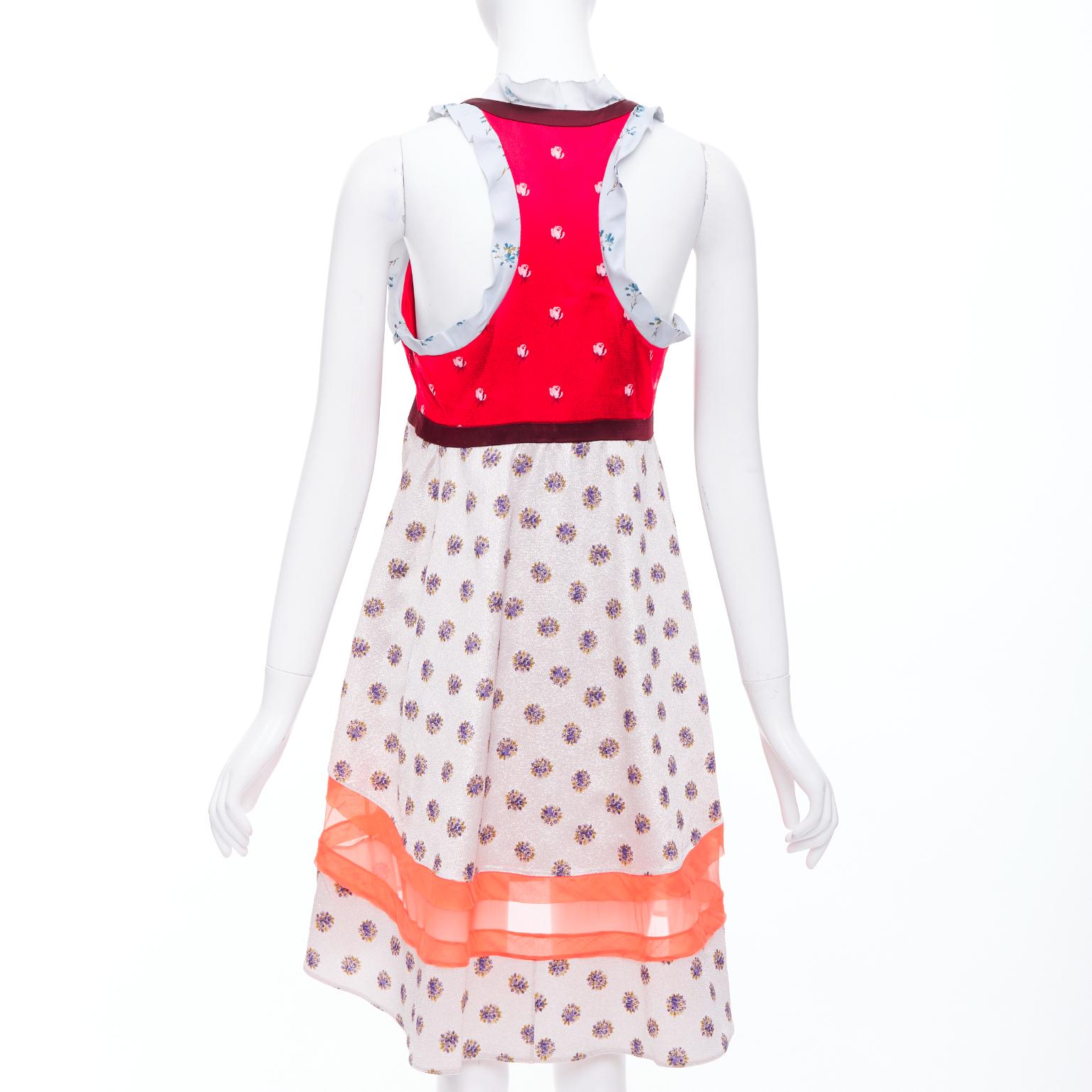 VALENTINO rojo gris acetato seda estampado floral bloque volante vestido IT40 S en venta 1