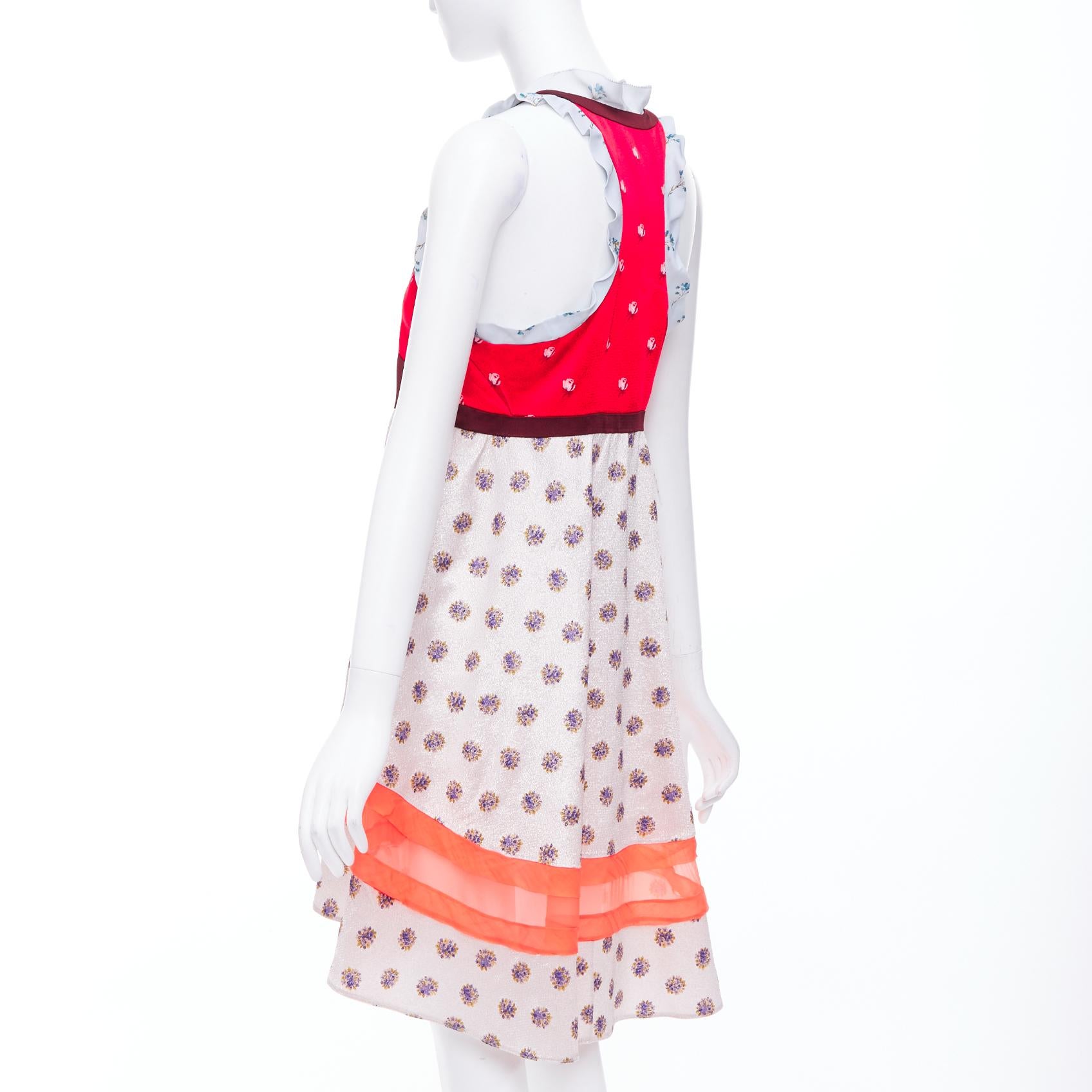 VALENTINO rojo gris acetato seda estampado floral bloque volante vestido IT40 S en venta 2