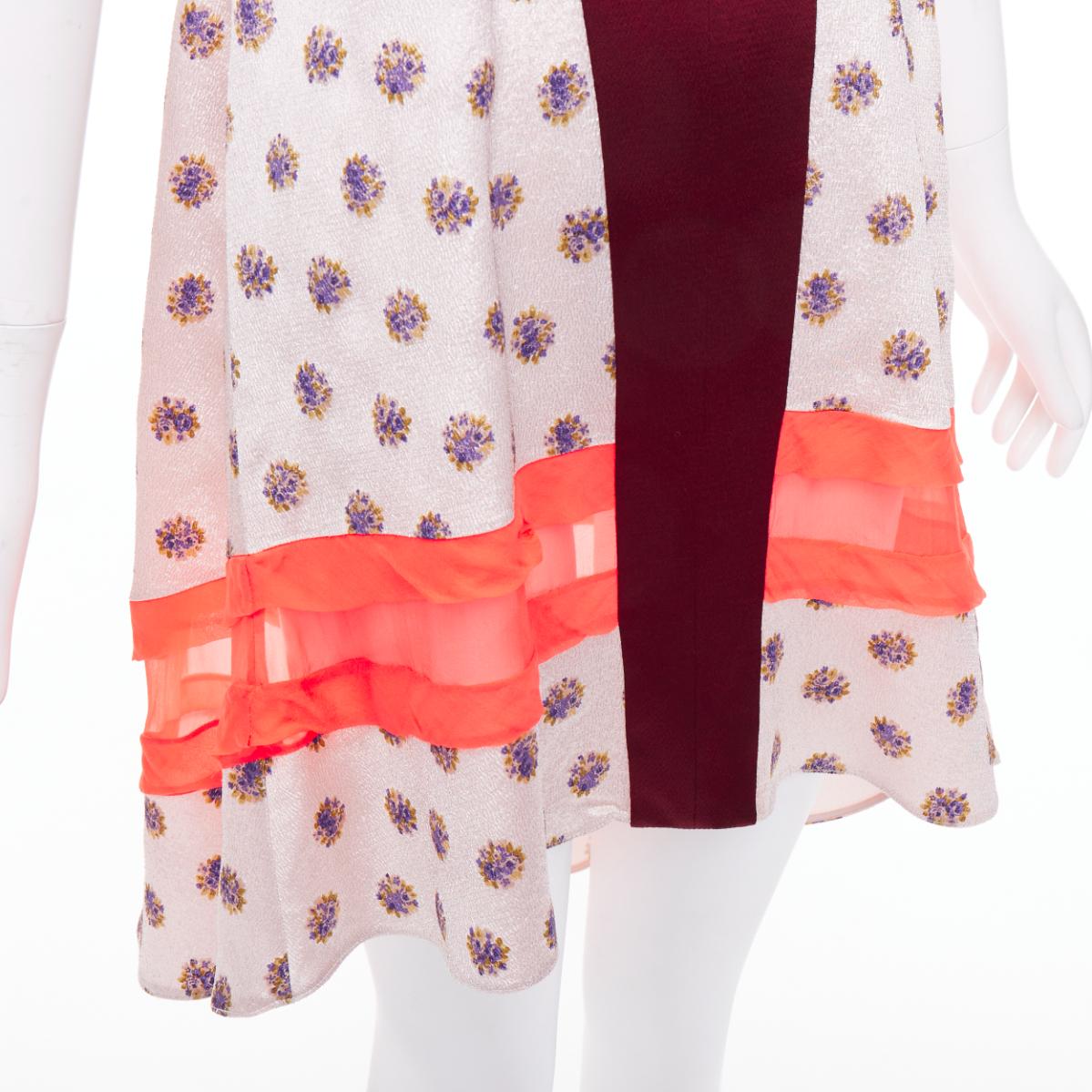 VALENTINO rojo gris acetato seda estampado floral bloque volante vestido IT40 S en venta 3