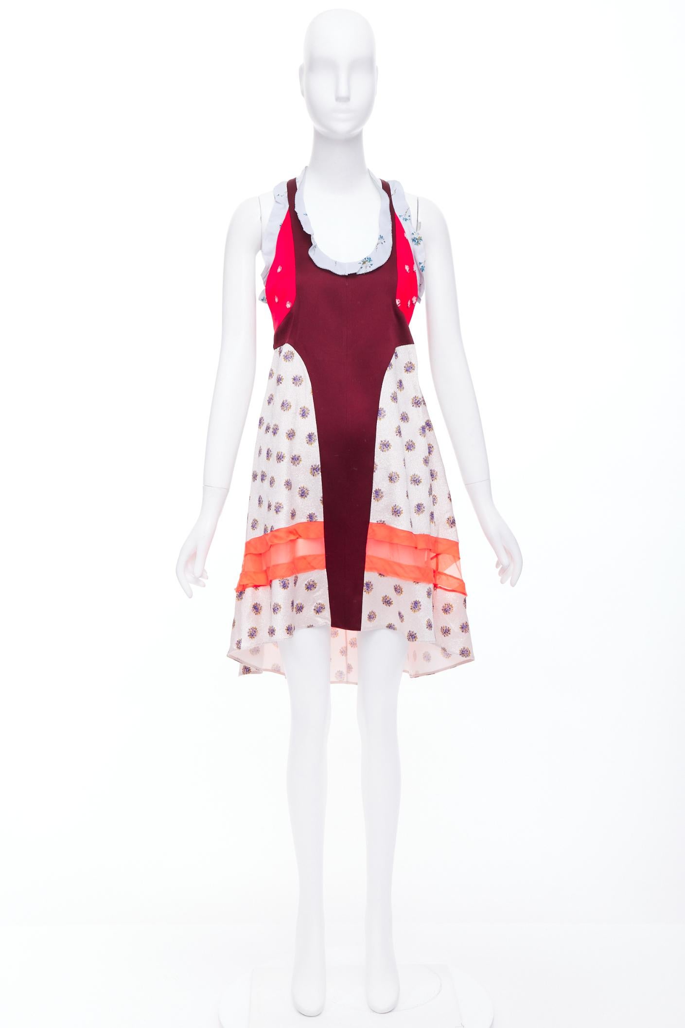 VALENTINO rojo gris acetato seda estampado floral bloque volante vestido IT40 S en venta 5