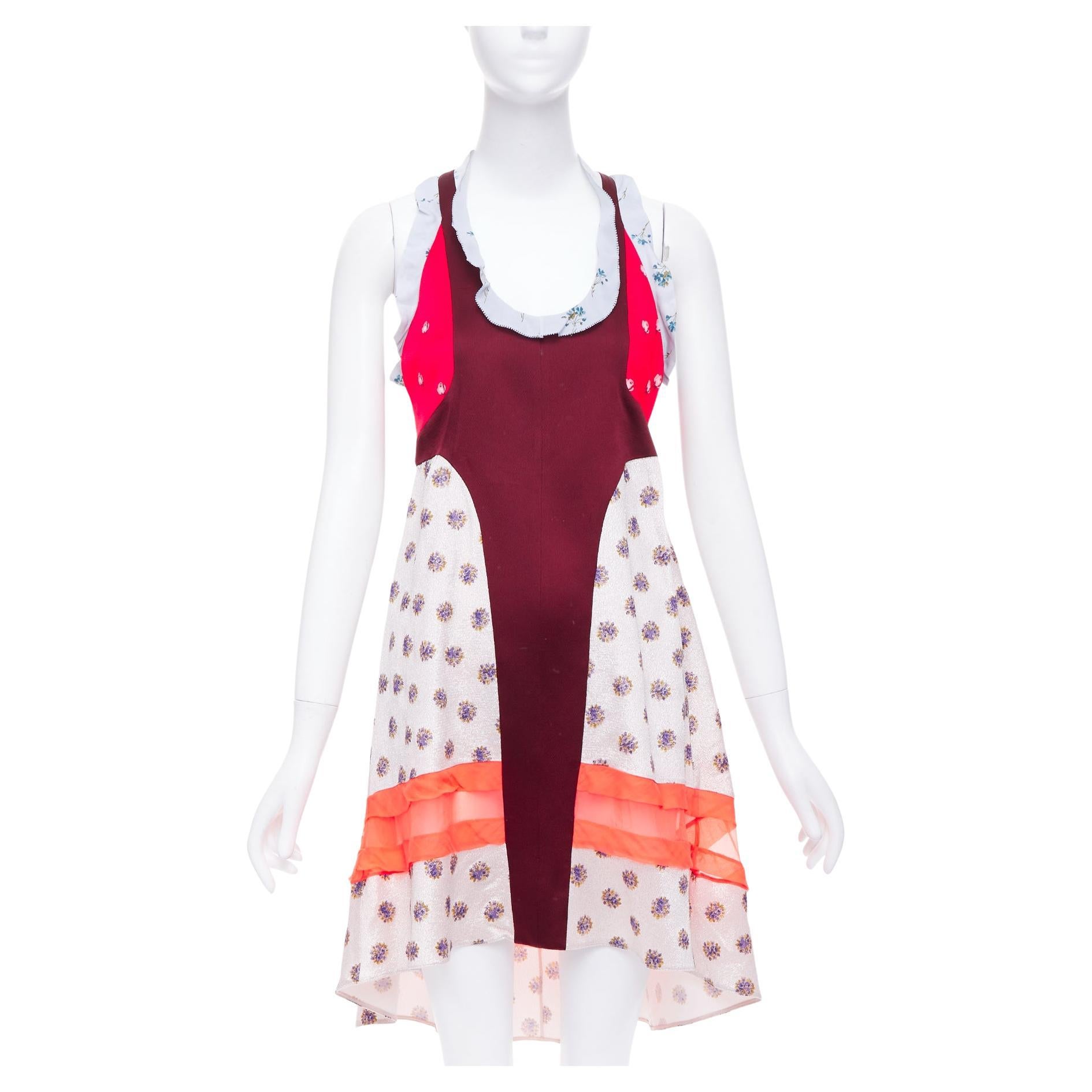 VALENTINO rojo gris acetato seda estampado floral bloque volante vestido IT40 S en venta
