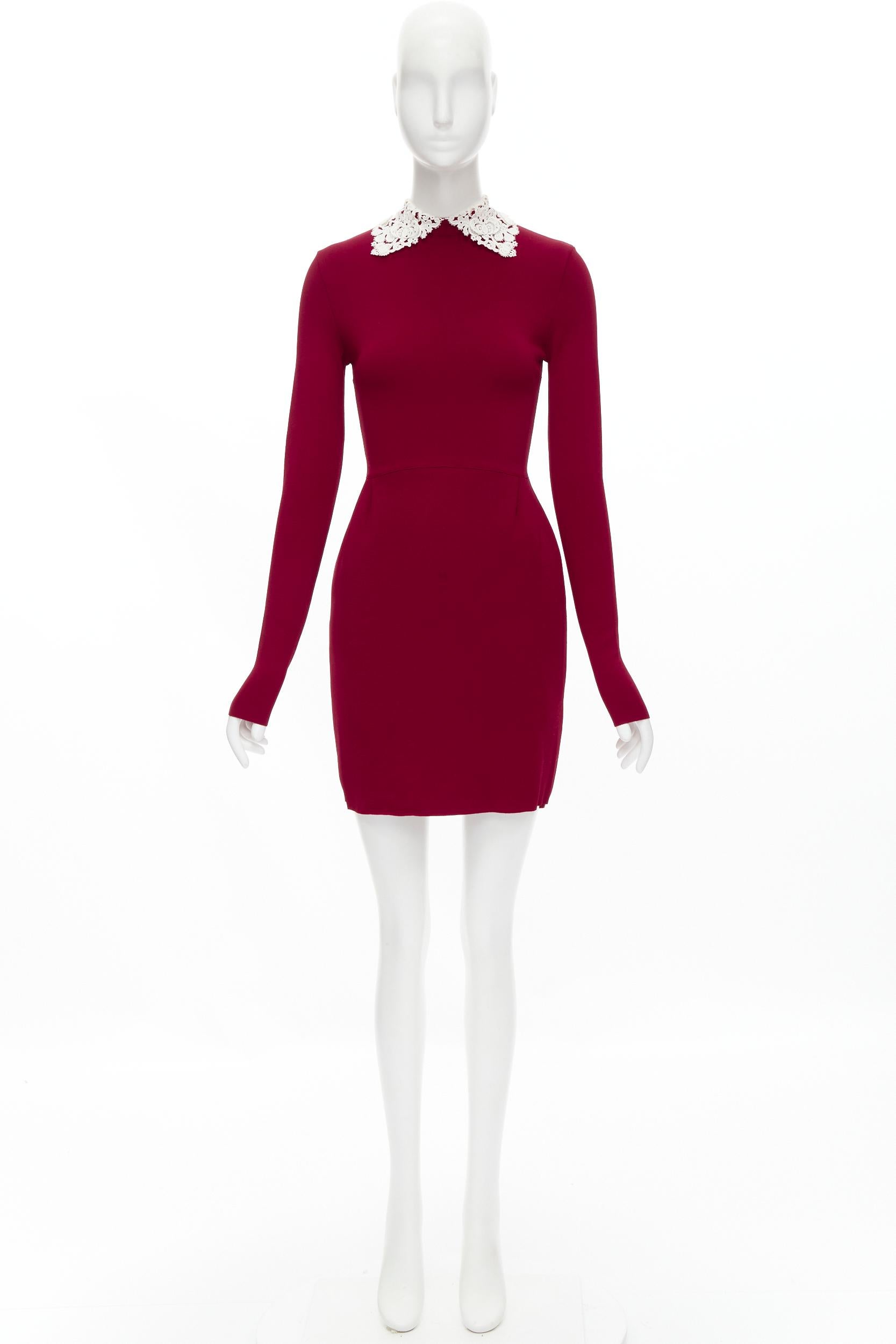 VALENTINO red knitted white lace collar bodycon sheath dress  4