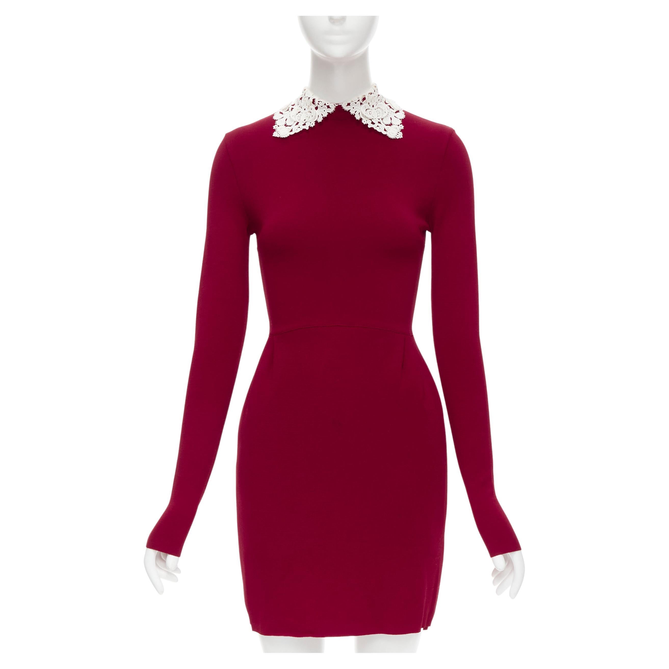 VALENTINO red knitted white lace collar bodycon sheath dress 