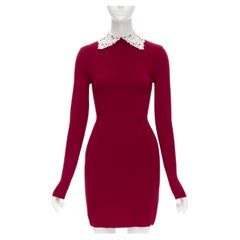 VALENTINO red knitted white lace collar bodycon sheath dress 