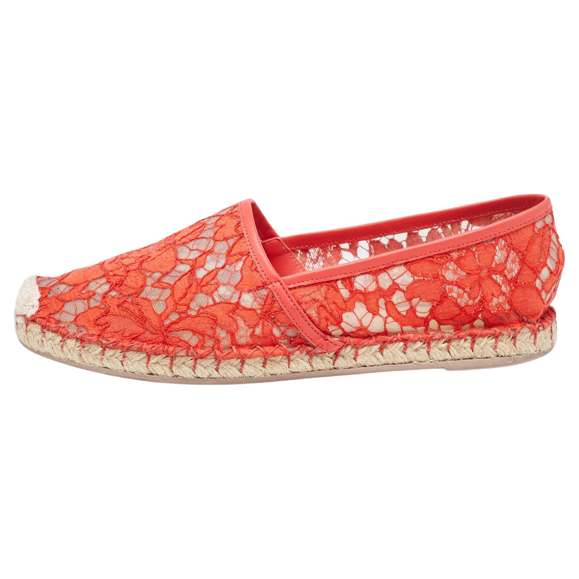 Valentino Red Lace and Leather Butterfly Espadrille Flats Size 39