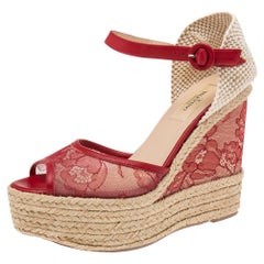 Valentino Red Lace And Mesh Espadrille Platform Wedge Sandals Size 38
