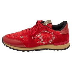 Valentino Rote Spitze und Wildleder Rockrunner Low Top Turnschuhe Größe 40