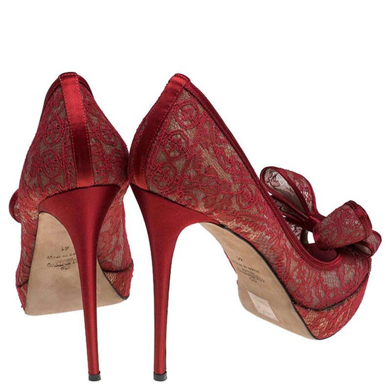 Valentino Red Lace Bow Peep Toe Platform Pumps Size 41 at 1stDibs