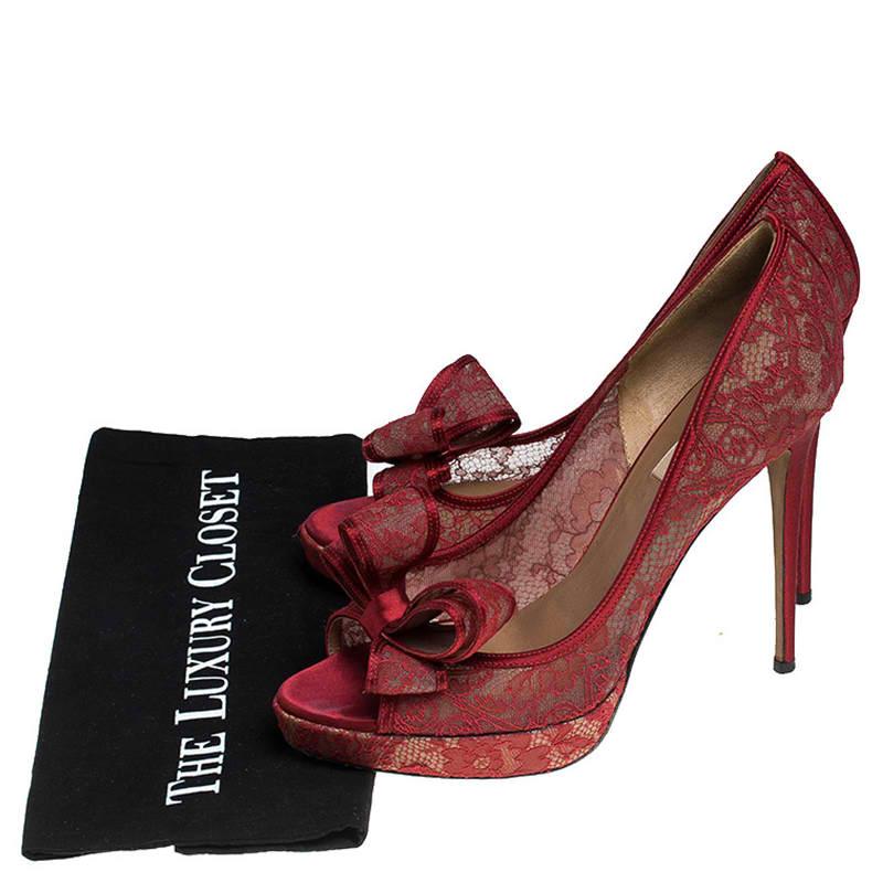 Women's Valentino Red Lace Bow Peep Toe Platform Pumps Size 41