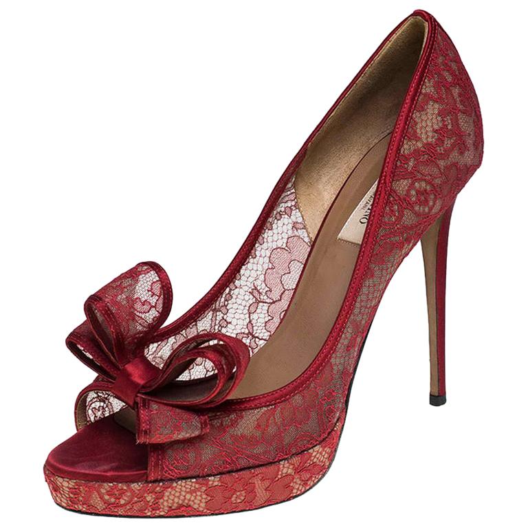 Valentino Red Lace Bow Peep Toe Platform Pumps Size 41 at 1stDibs
