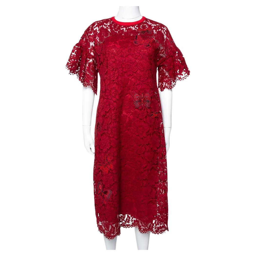 Valentino Red Lace Butterfly Appliqued Sheath Dress S