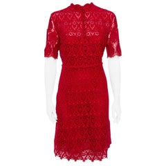 Valentino Red Lace Button Front Sheath Dress M