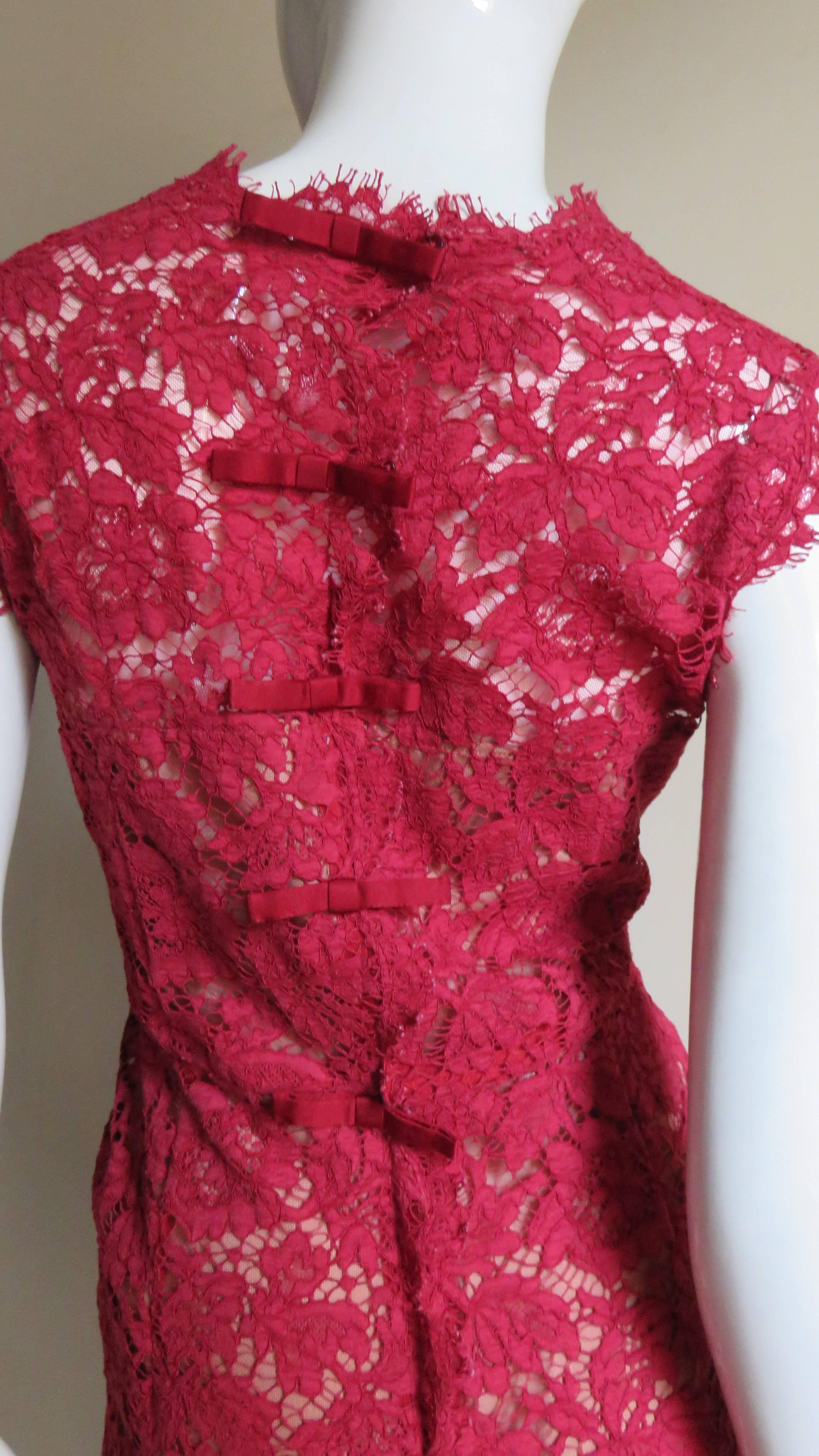 Valentino Red Silk Lace Dress For Sale 2