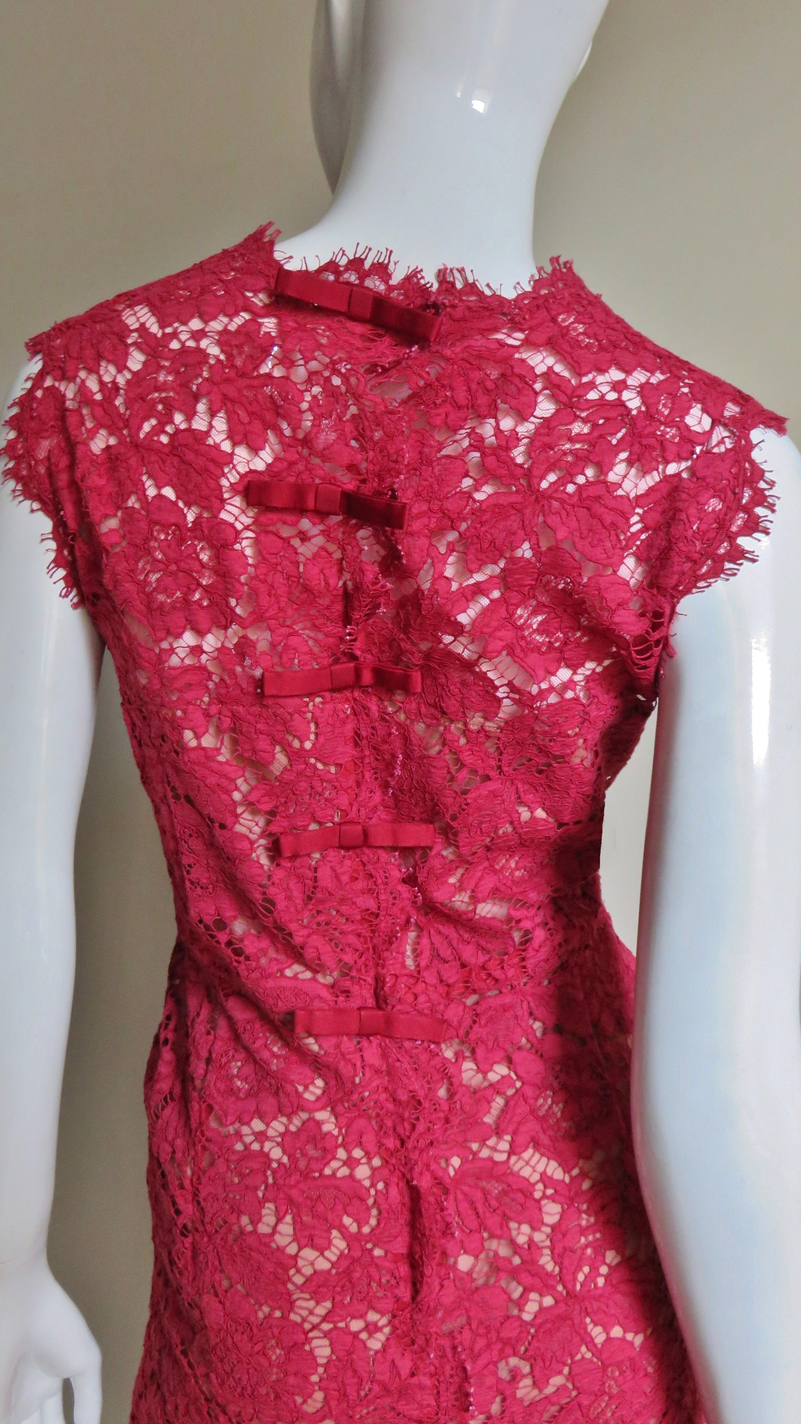 Valentino Red Silk Lace Dress For Sale 1