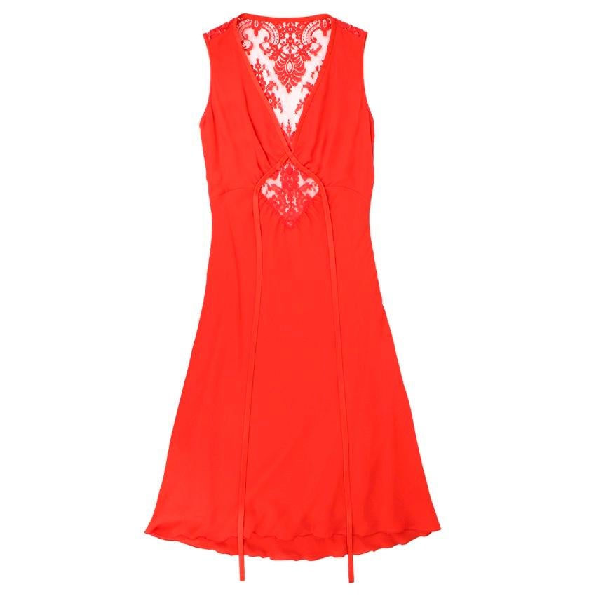 Valentino Red Lace Panelled Silk Blend Dress

- Sheer red lace diamond cut under bust  
- Silk trimming around neck, 
- Silk ribbon to tie 
- Concealed zip fastening with hook & eye 
- Lined from waist down 

Please note, these items are pre-owned