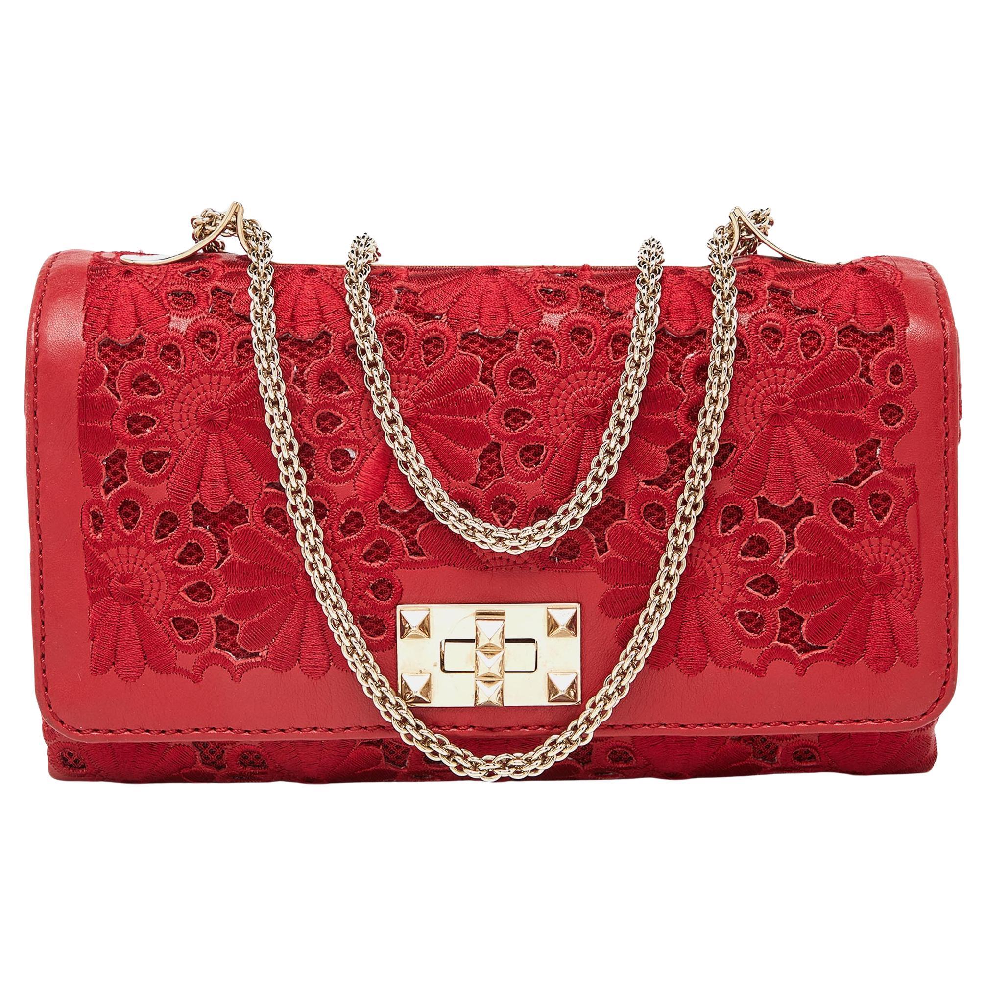 Valentino Red Leather and Lace Va Va Voom Shoulder Bag For Sale