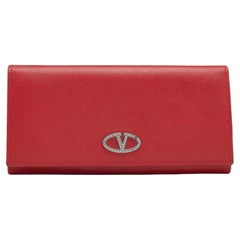 Valentino Red Leather Crystal V Ring Flap Continental Wallet