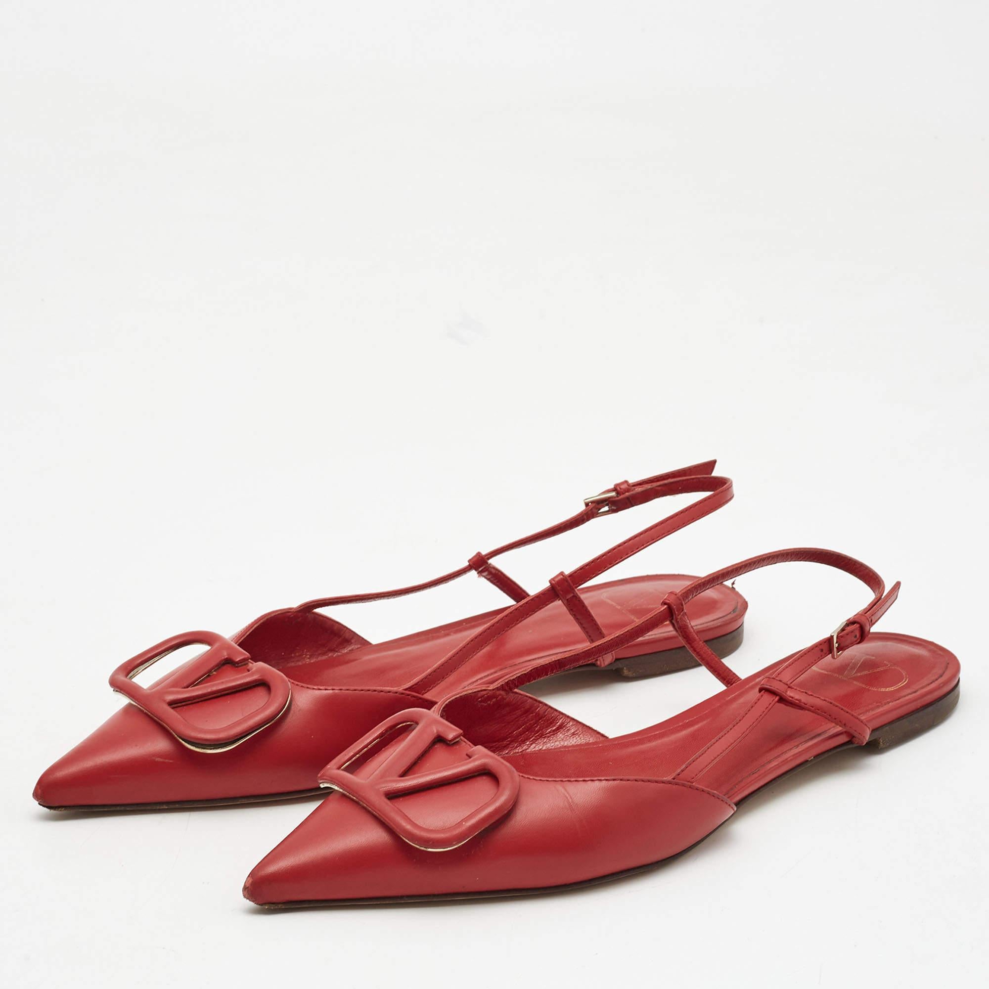 Women's Valentino Red Leather Escape VLogo Slingback Flats Size 38.5