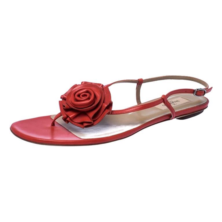 Valentino Red Leather Flower Sandals Size 41 For Sale at | red flat