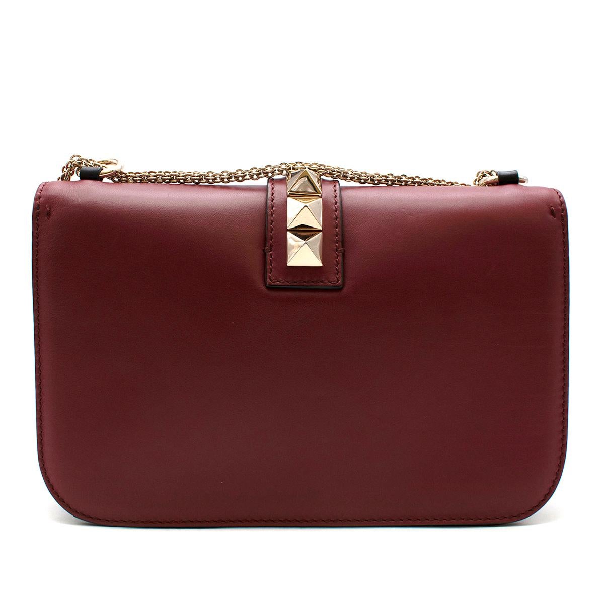 Brown Valentino Red Leather Glam Lock Rockstud Shoulder Bag  For Sale
