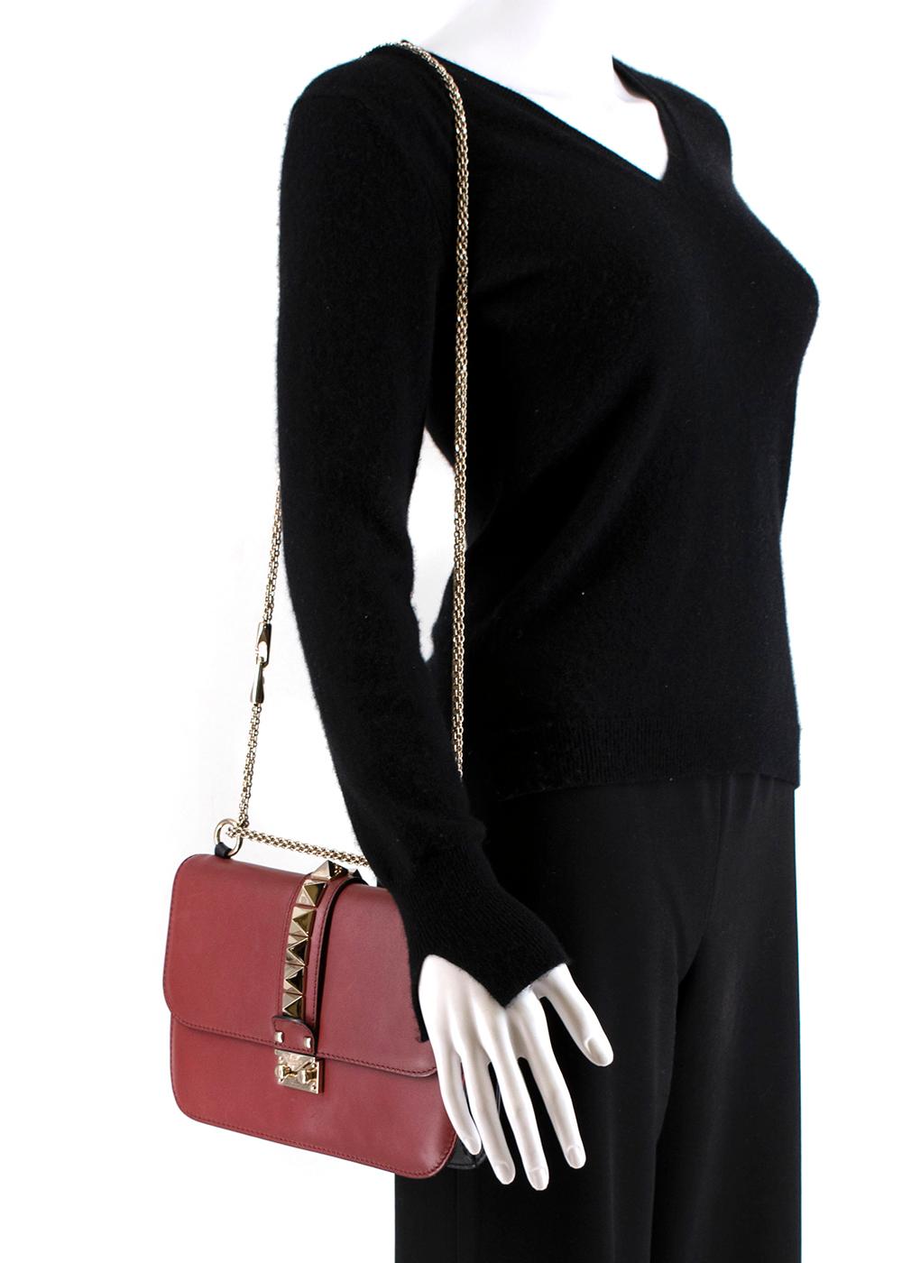 Valentino Red Leather Glam Lock Rockstud Shoulder Bag  For Sale 1