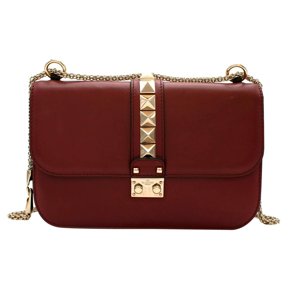 Valentino Red Leather Glam Lock Rockstud Shoulder Bag  For Sale