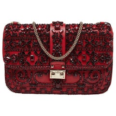 Valentino Red Leather Medium Rockstud Glam Lock Crystals Embellished Flap Bag