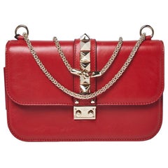 Valentino Red Leather Medium Rockstud Glam Lock Flap Bag