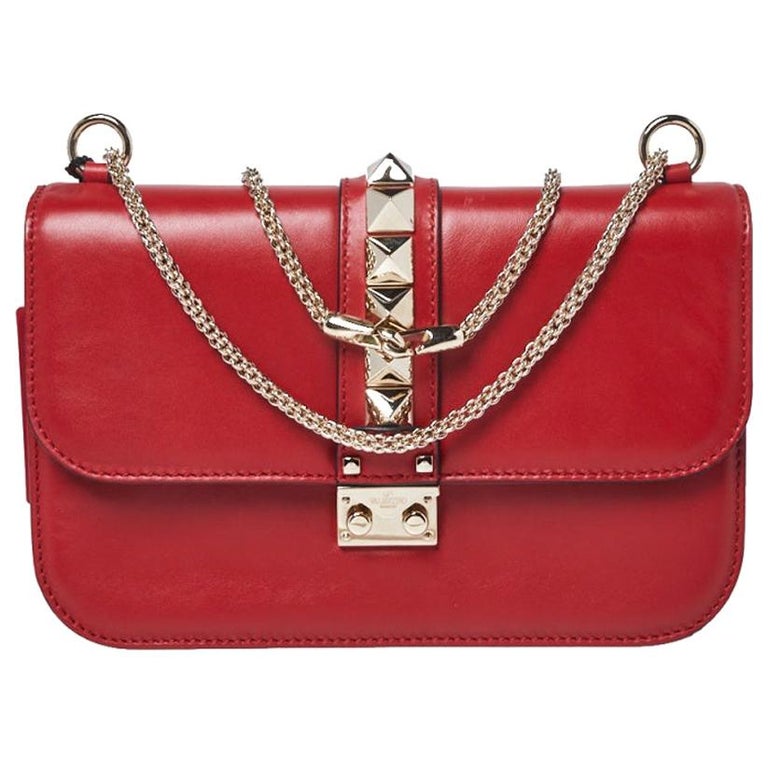 Valentino Red Leather Medium Rockstud Glam Lock Flap Bag