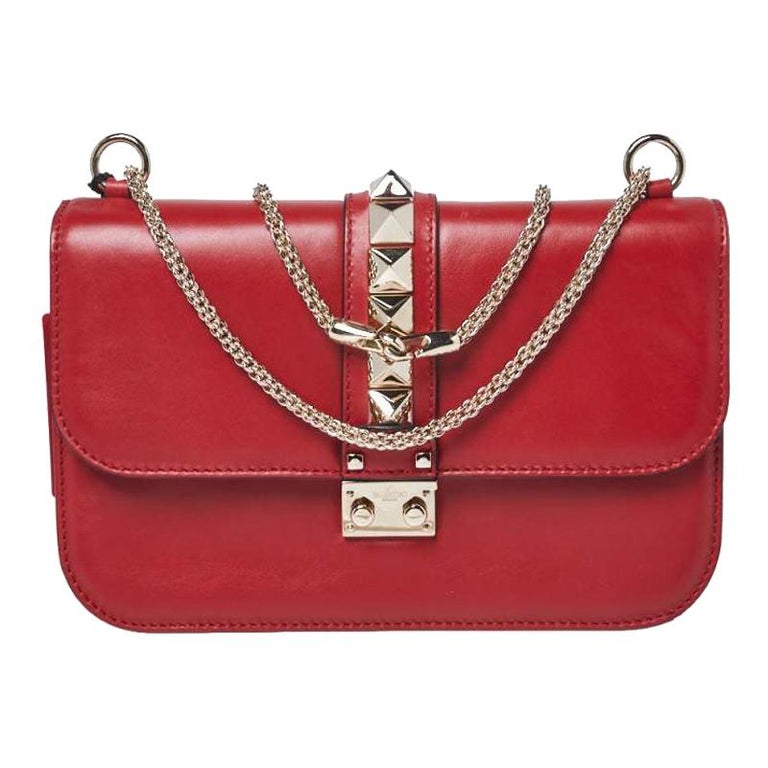 Valentino Red Leather Medium Rockstud Glam Lock Flap Bag For Sale