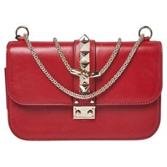 Valentino Red Leather Medium Rockstud Glam Lock Flap Bag