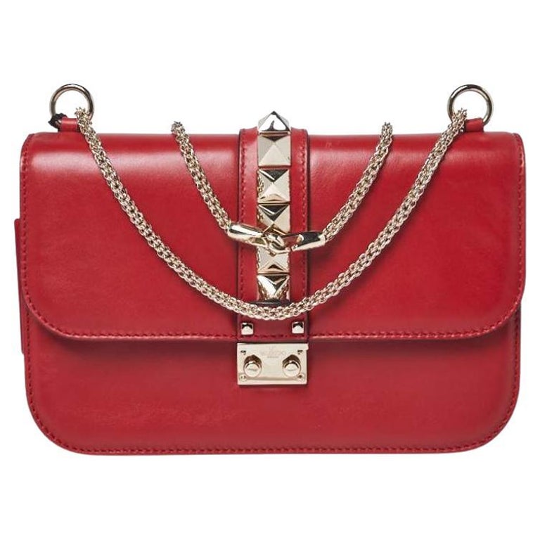 Valentino Red Leather Medium Rockstud Glam Lock Flap Bag For Sale at 1stDibs