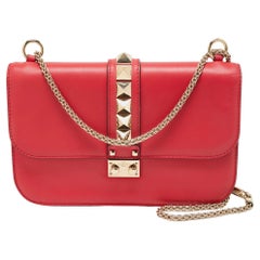 Valentino Red Leather Medium Rockstud Glam Lock Flap Bag