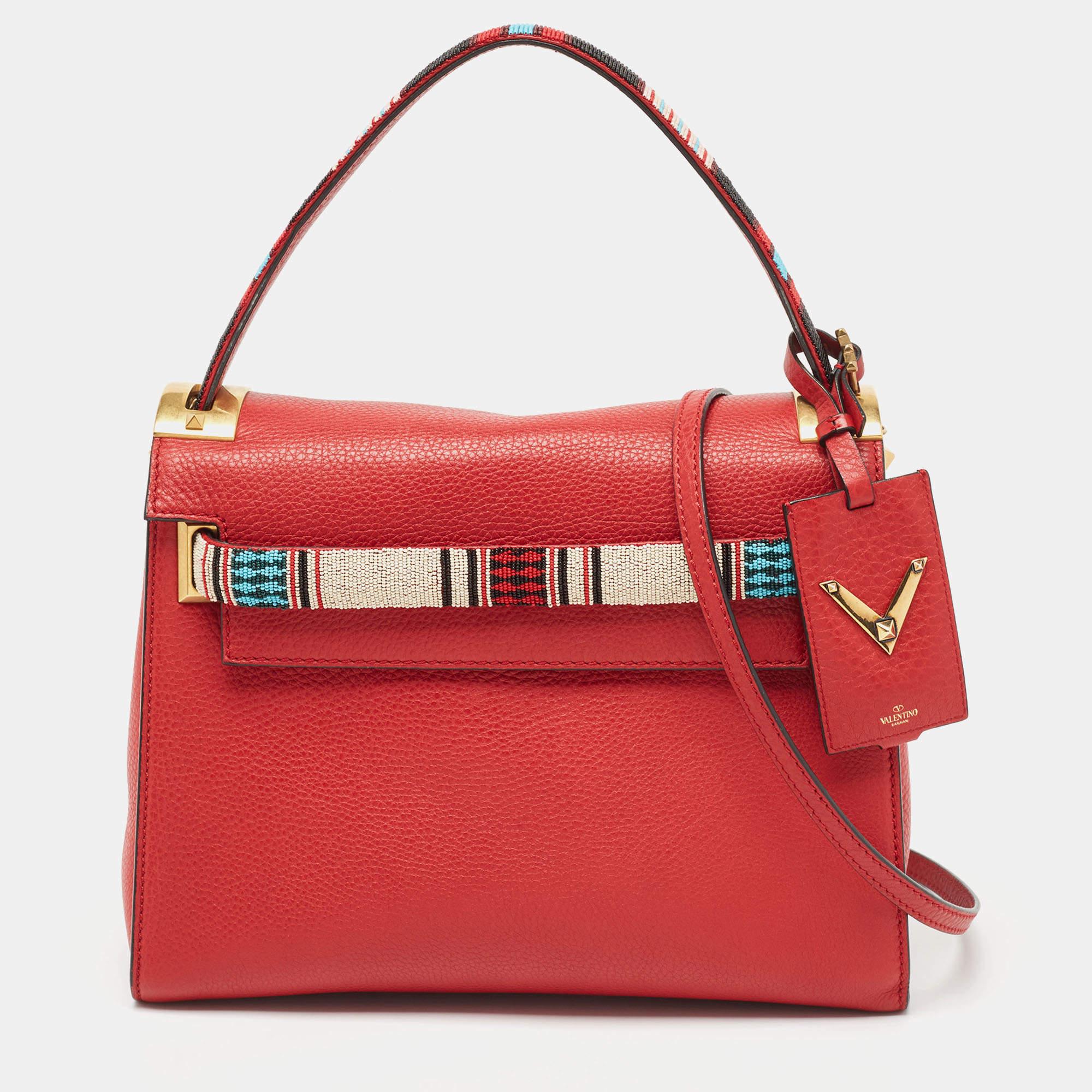 Women's Valentino Red Leather My Rockstud Beaded Top Handle Bag