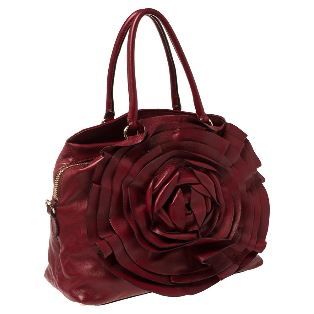 Brown Valentino Red Leather Petale Rose Dome Satchel