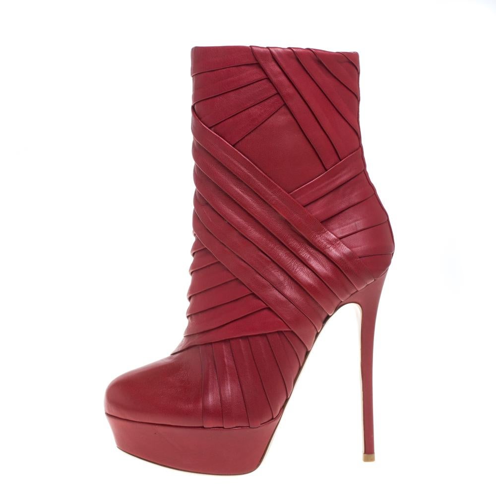 Women's Valentino Red Leather Pleated Ankle Platform Boots Size 36