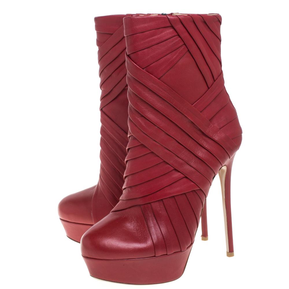 Valentino Red Leather Pleated Ankle Platform Boots Size 36 1