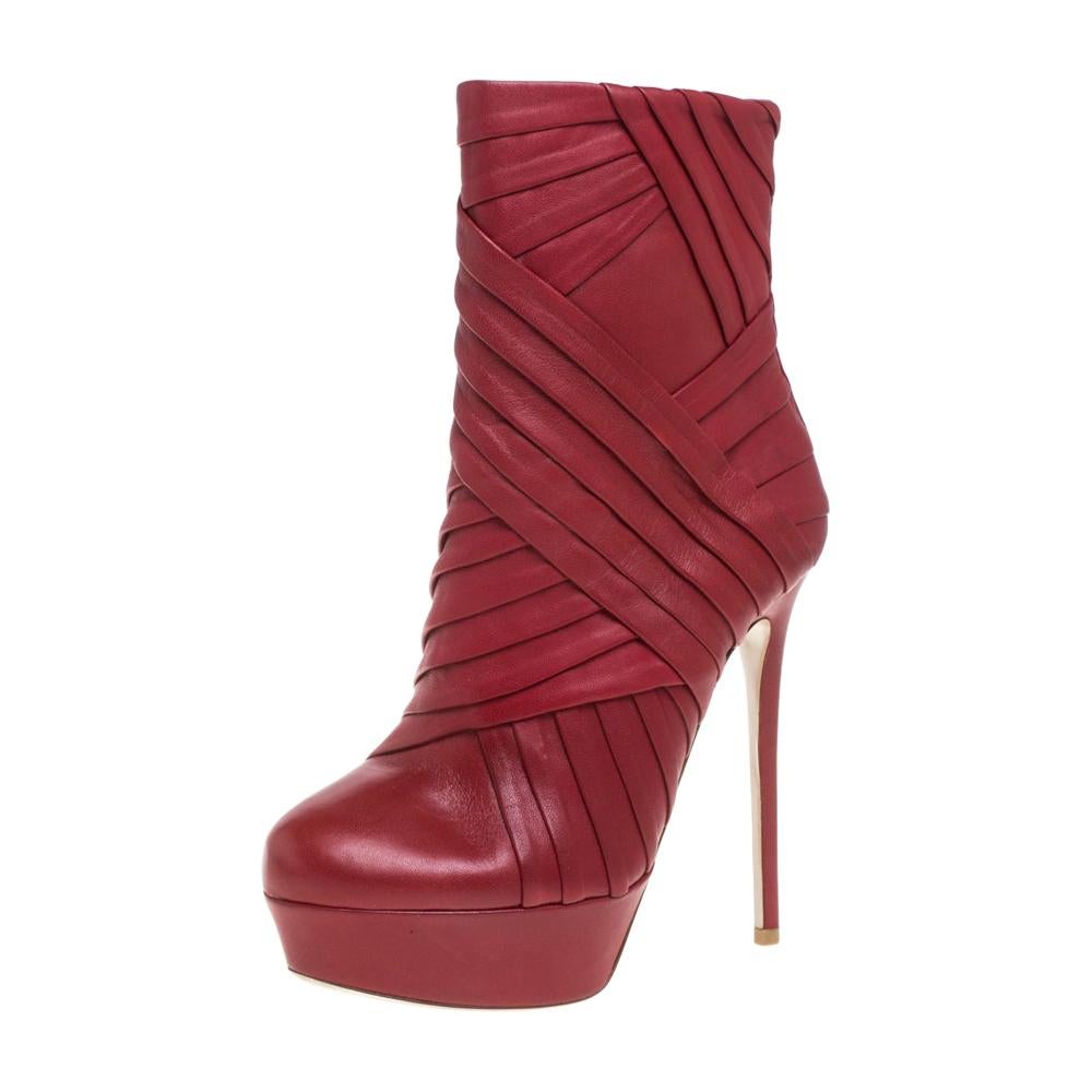 Valentino Red Leather Pleated Ankle Platform Boots Size 36