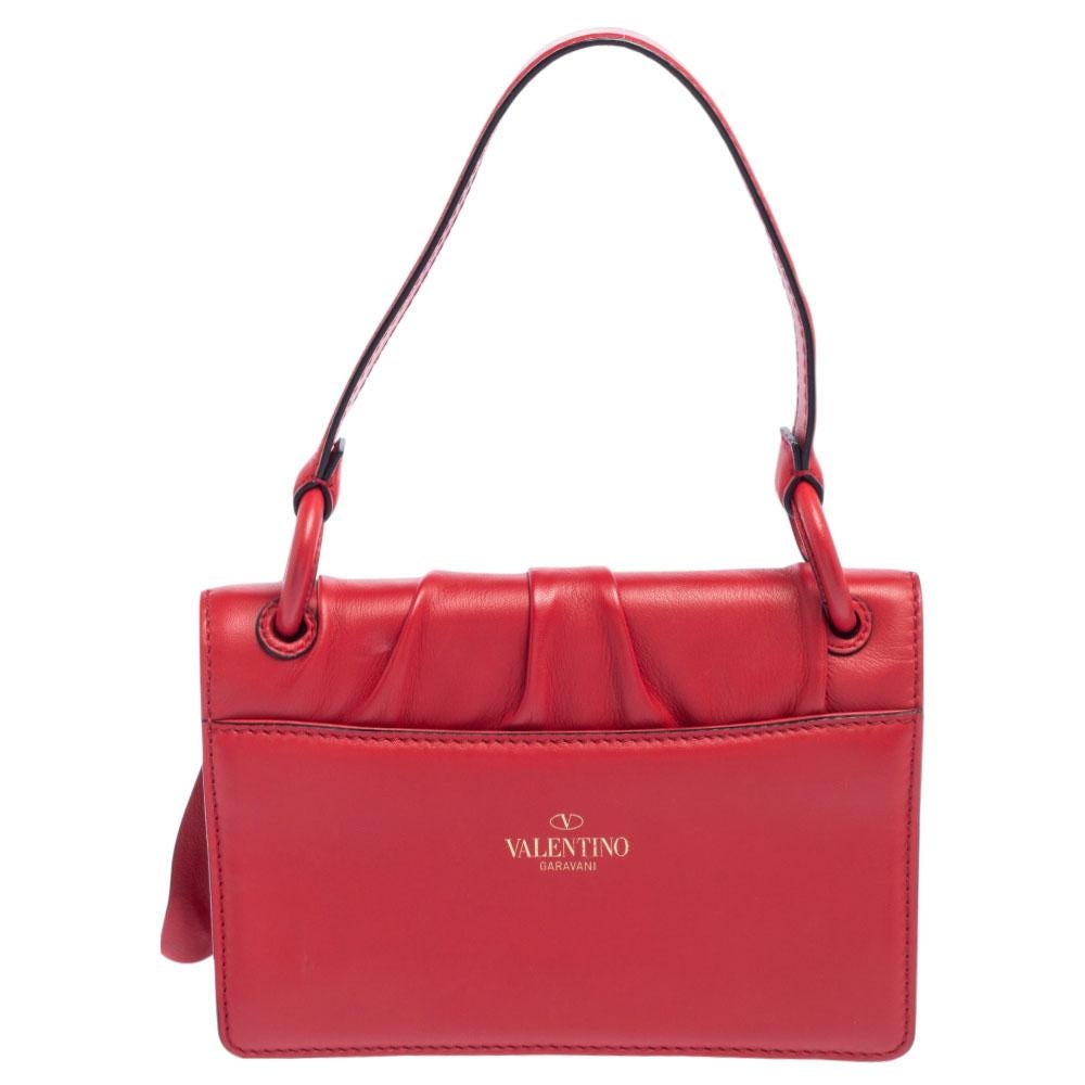 Valentino Red Leather Pleated Bow Flap Top Handle Bag 6