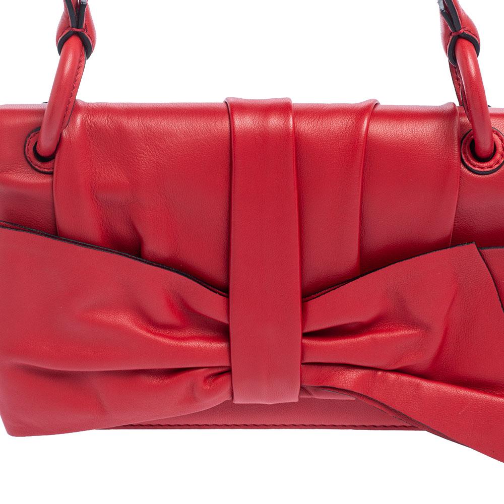Women's Valentino Red Leather Pleated Bow Flap Top Handle Bag