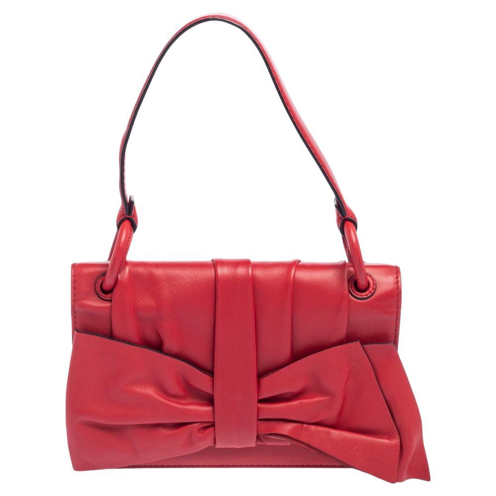 Valentino Red Leather Pleated Bow Flap Top Handle Bag