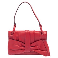 Valentino Red Leather Pleated Bow Flap Top Handle Bag