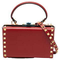 Valentino Red Leather Rockstud Alcove Top Handle Bag
